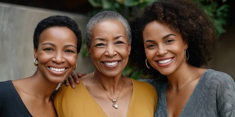 Fototapeta premium Close-up portrait of three african females: young and mature adults smiling outdoors
