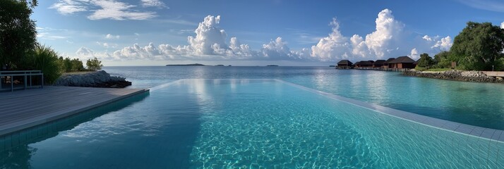 Obraz premium Tranquil infinity pool overlooking ocean with scenic clouds and villas