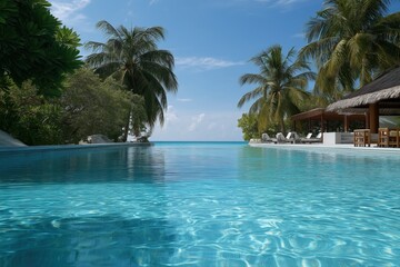 Fototapeta premium Tropical resort pool with palm trees and ocean view under clear blue sky