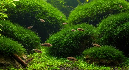 Serene Aquarium Scene: School of Small Fish Navigating Lush Green Mossy Underwater Landscape