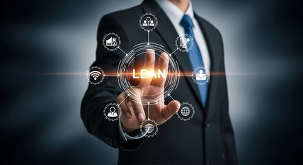 Businessman touching a digital network of lean manufacturing icons efficiency process