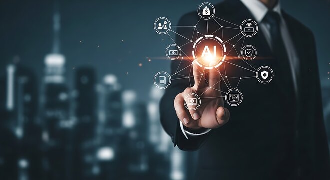 Businessman touching a digital network of AI icons and financial symbols artificial intelligence