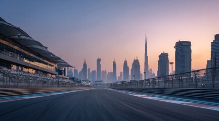 Obraz premium Empty race track leads to Dubai skyline at dawn