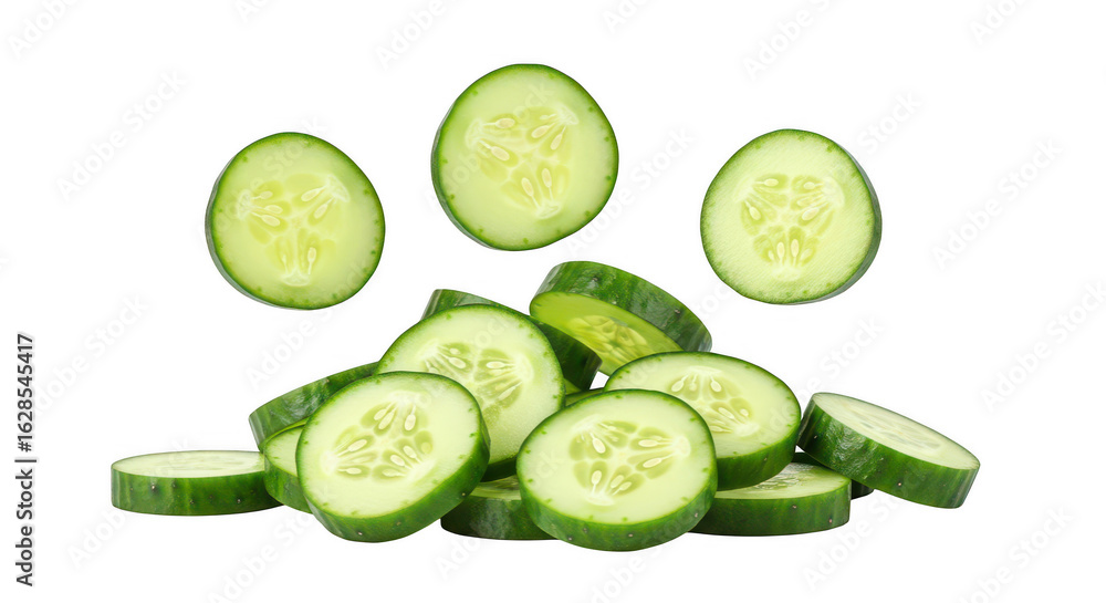 Poster freshly sliced cucumber rounds isolated on transparent background