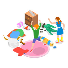 3D Isometric Flat  Illustration of Hyperactive Children. Item 1