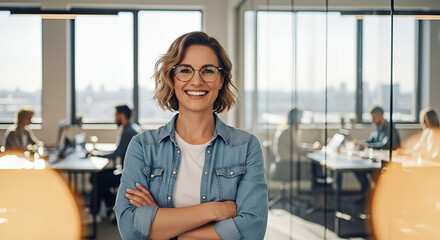 Friendly businesswoman in a modern office space smiling confidently with coworkers working in the background on a bright day, showcasing teamwork and professionalism