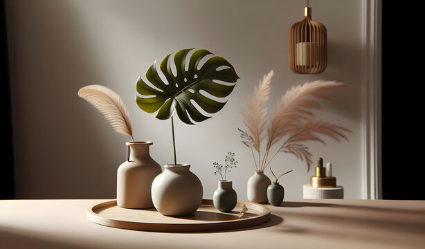 Großes Blatt einer Monstera Pflanze in einem hellen, modernen Wohnzimmer mit Deko