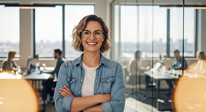 Friendly businesswoman in a modern office space smiling confidently with coworkers working in the background on a bright day, showcasing teamwork and professionalism