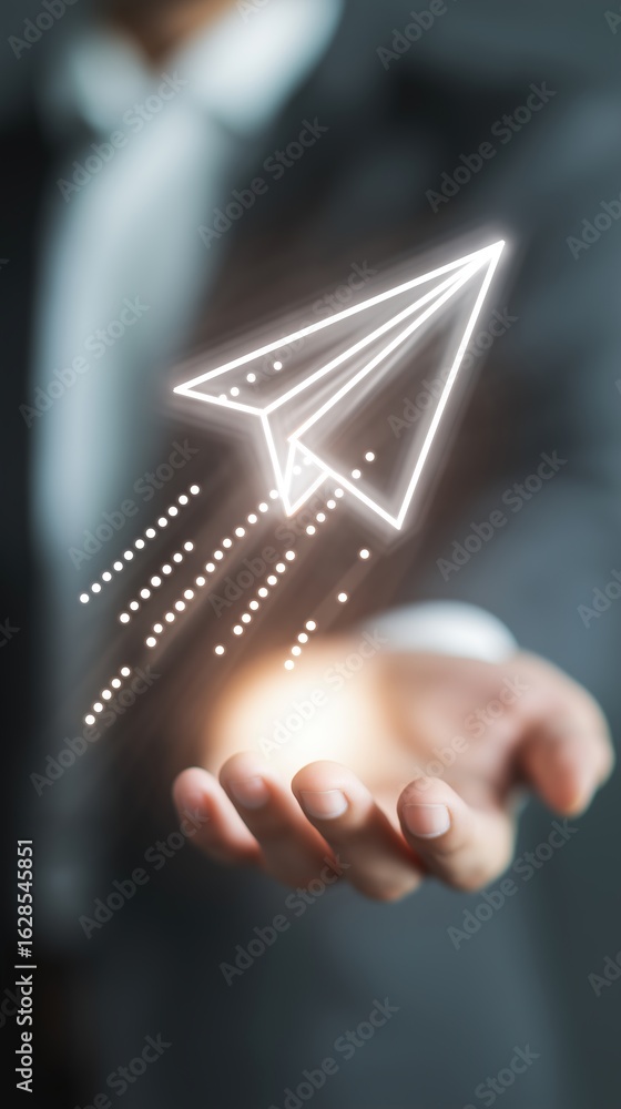 Poster efficient email communication – faceless professional presenting a glowing paper plane icon with mot