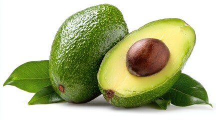 Two ripe avocados, one whole and one halved, with a pit visible, and fresh green leaves, isolated on white