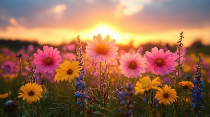 Fototapeta premium Colorful wildflowers bloom at sunset in a tranquil meadow filled with vibrant hues