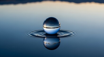 Glass sphere rests on calm water, creating concentric ripples and an inverted reflection of the landscape.