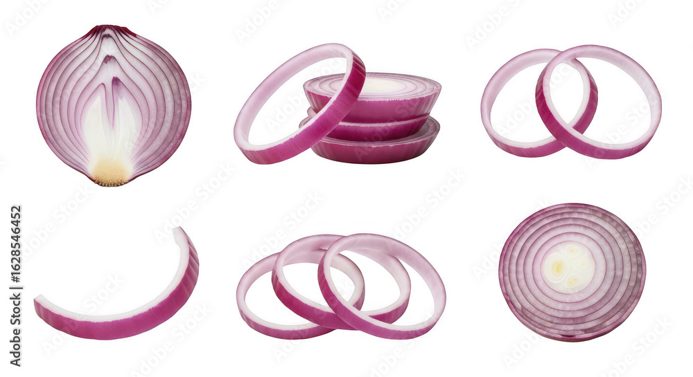 Poster red onion slices and halves isolated on transparent background