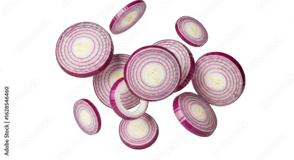 Poster red onion rings sliced and floating isolated on transparent background