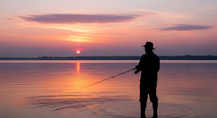 Fototapeta premium A silhouetted fisherman casts his line into calm water during a vibrant sunset.