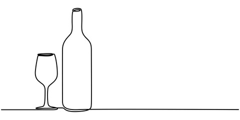 Wine glass and wine bottle continuous one line drawing, Single one line art, linear style, isolated on a white background