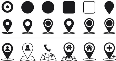 Mapping Location Icons: Essential GPS Navigation, Address Pin, Point of Interest, and Direction Indicators for Digital Maps and Web Design, Vector Set

.