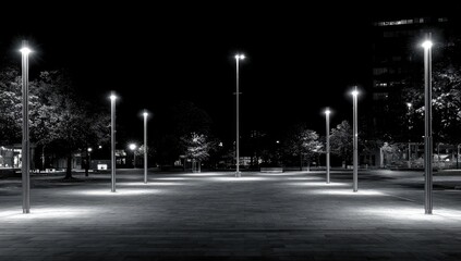 Nighttime urban park, illuminated by spotlights