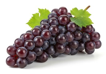 Fototapeta premium Ripe dark red grapes with green leaves on white fruit food