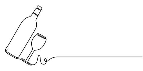 Wine glass and wine bottle continuous one line drawing, Single one line art, linear style, isolated on a white background