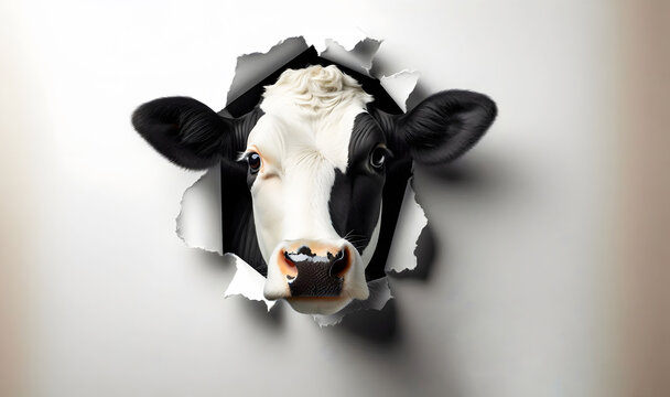 Eine schwarz-wei&szlig;e Kuh steckt den Kopf durch ein Banner aus Papier. Wei&szlig;es Banner , Landwirtschaft, minimalistisch, copy space