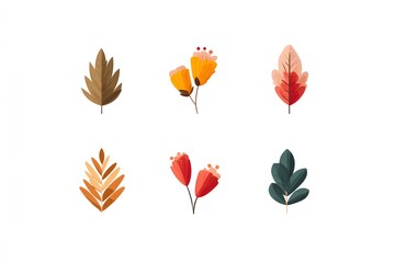 Set of Six Colorful Autumn Leaves Illustration in Flat Style for Nature and Fall Themes