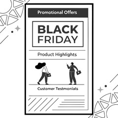 Black friday promotional flyer with product highlights and customer testimonials in black and white theme design