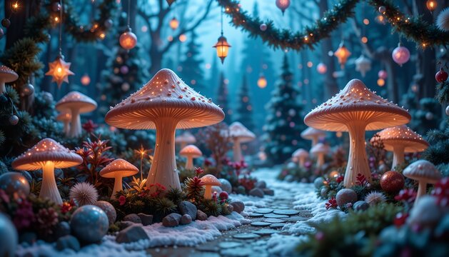 Enchanted forest path lined with glowing mushrooms and fairy lights at twilight