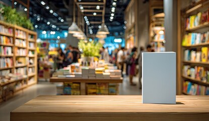 Blank book cover on wooden table in a bookstore (1)