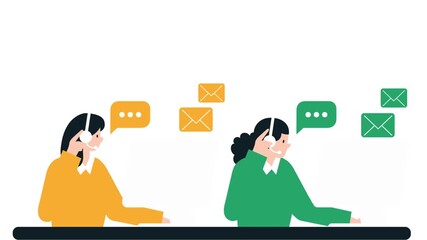 Two customer service representatives with headsets and laptops communicate with clients via email and chat. An illustration of online support and remote work. - Powered by Adobe