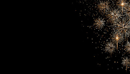 Festive Gold Fireworks Display Sparkling Against a Dark Transparent Sky Backdrop. Metallic golden beige brown colored fireworks sparkling explosions over shining midnight blue black colour starry sky.