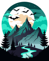 Fototapeta premium Spooky Halloween Mountain Landscape with Flying Bats – Haunted Peaks