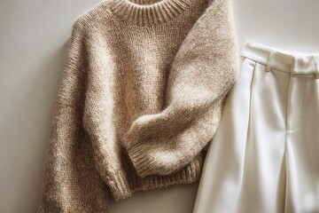 Beige knit sweater and cream trousers on a light background