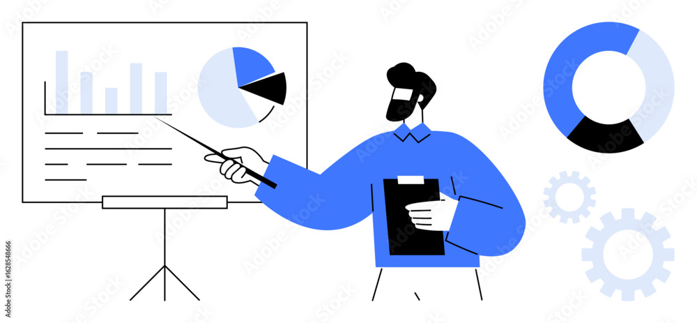Poster man pointing at graph and pie charts on a whiteboard, holding a clipboard. gears in the background. 
