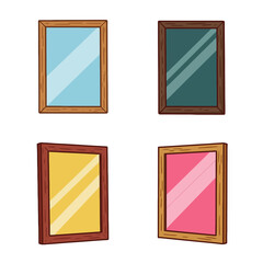 Four cartoon-style mirrors with different colored wooden frames, displayed in a grid pattern.