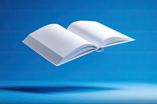 Open book floating in the air against a vibrant blue backdrop