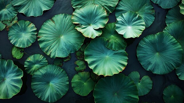 An Overhead View of Lush Green Lotus Pads Floating on Dark Water