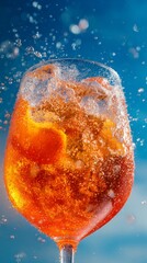 Refreshing orange aperol cocktail. The glass is frosty and refreshing. Blue sky background