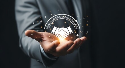 Businessman's hand holding a digital handshake icon with glowing particles agreement partnership