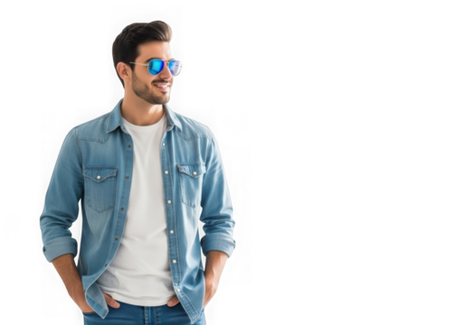 Stylish man wearing denim shirt and sunglasses isolated on transparent background