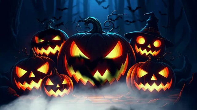 Glowing Halloween Pumpkins with Spooky Faces in Dark Blue Night Background with Bats and Witch Hat for Festive Holiday Celebration
