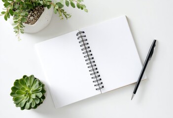 Open notebook, pen, and succulents on a white surface