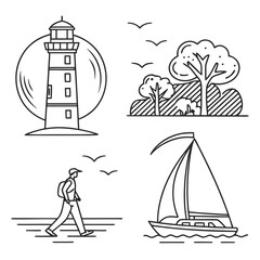 Set of nautical lighthouse icons with boats sea and sailing symbols vector illustration