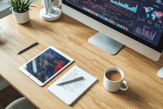 A steaming coffee mug sits beside a laptop and a blank notebook on a wooden desk