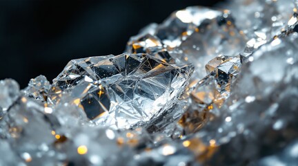 A sparkling crystal formation displays intricate facets and textures, reflecting light and creating a mesmerizing display