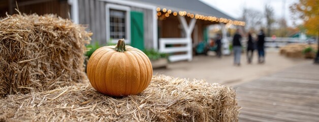 Pumpkin atop hay bales captures golden hour light while people relax and enjoy the vibrant farm atmosphere during autumn