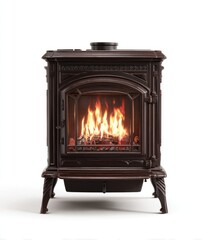 Ornate, dark brown cast-iron stove with glowing fire