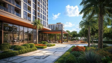 Modern Apartment Building with Lush Landscaping and Outdoor Seating Area. Resort Style Living with Palm Trees and Green Spaces.