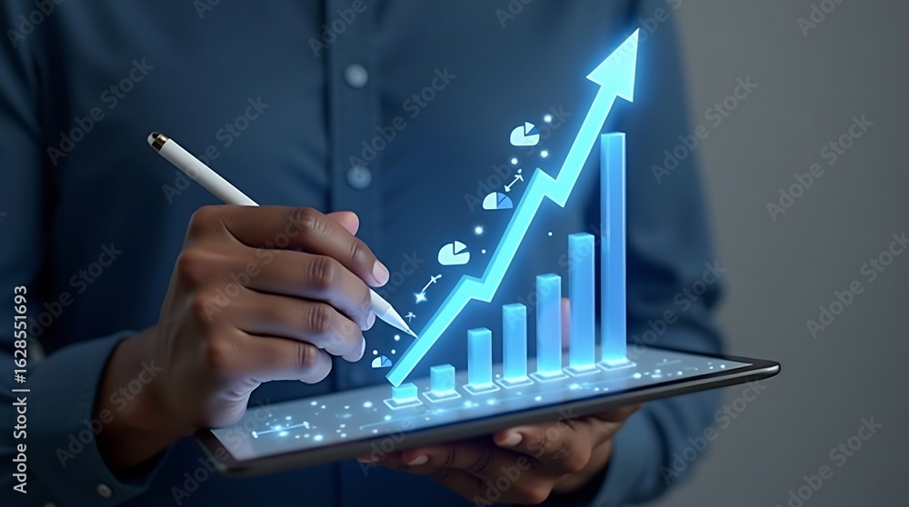 Poster analyzing-digital-data-business-strategy-market-growth-using-tablet-businessman-develops-growing-vir