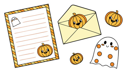 Illustration of a halloween themed stationery set with pumpkins and ghosts on a letter and envelope